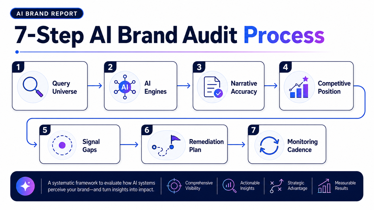 AI brand audit process graphic showing the flow from query universe to AI engines, competitive analysis, signal gaps, and remediation plan